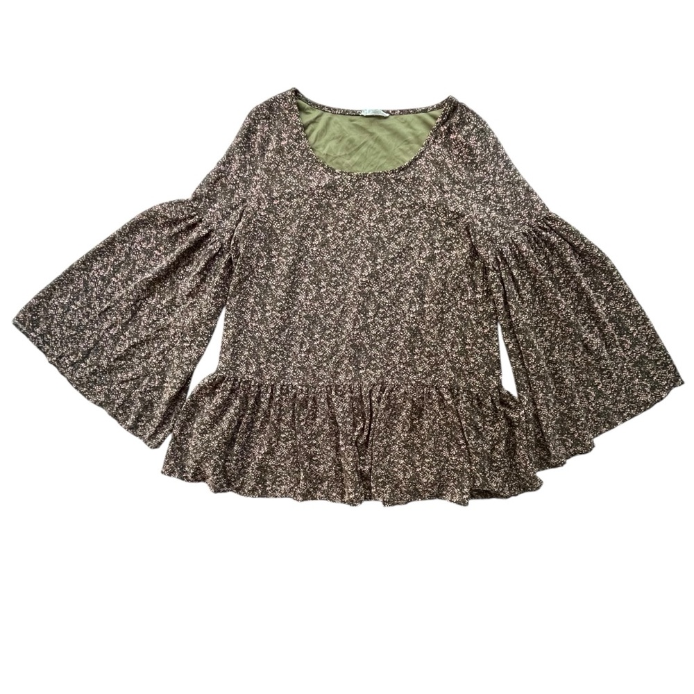 Easel Women’s Sm Olive Green Pink Abstract Dot Boho Long Bell Sleeve Tunic Dress